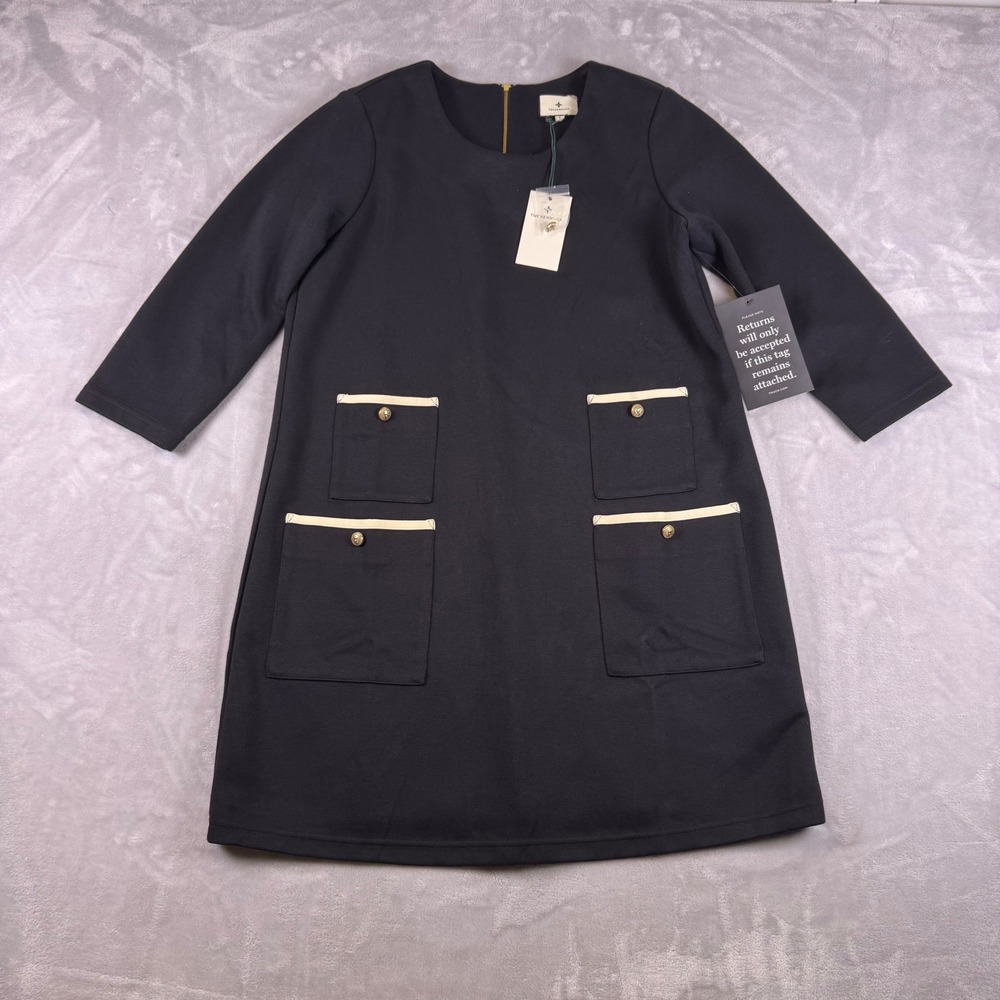 Tuckernuck Black Francoise Mod Mini Shift Dress L Gold Crest Button Cream Piping